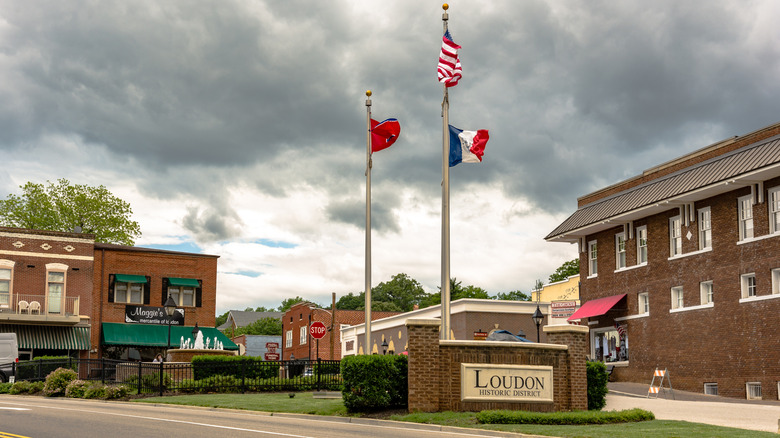 Town square with flags in Loudon's historic district.