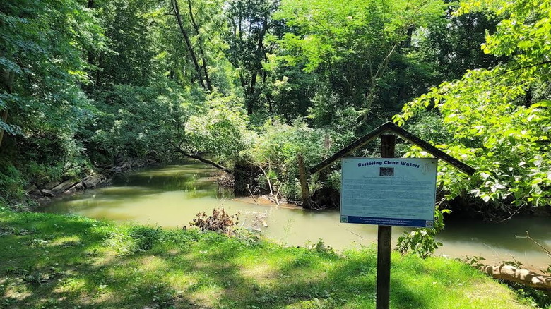 A informational sign next to a tree-lined creek in Athens Regional Park in Athens, Tennessee