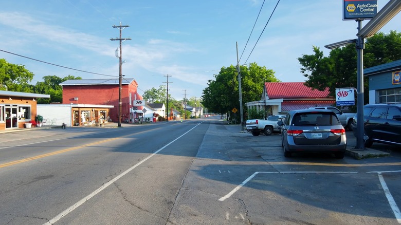 Two-lane street lined with businesses in Nolensville, Tennessee