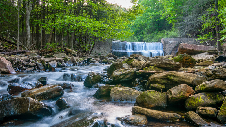 Water cascades down the Rainbow Lake Dam on Signal Mountain