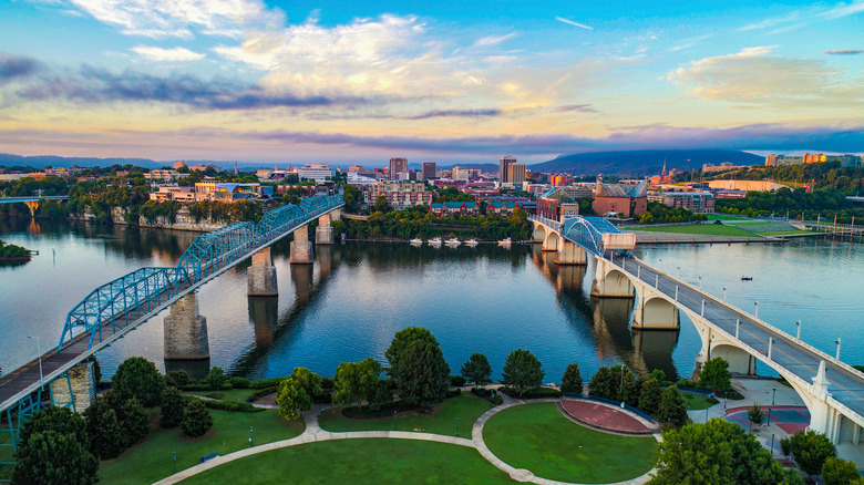An areal view of Chattanooga, Tennessee, across the river.