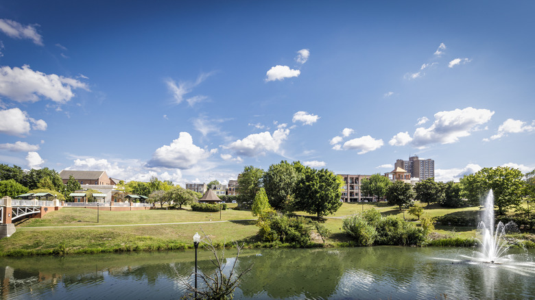 The county library, foot bridge, and water features in Maryville, Tennessee