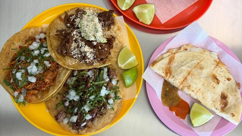 Three tacos and a quesadilla from Paprika