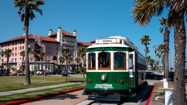 Seawall trolley in front of Grand Galvez, Galveston Island, Texas