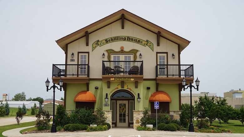 Painted German facade of the Schillinghaus B&B in Muenster, Texas.