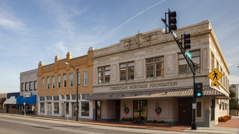 Historic buildings under a blue sky in downtown Cleburne, Texas