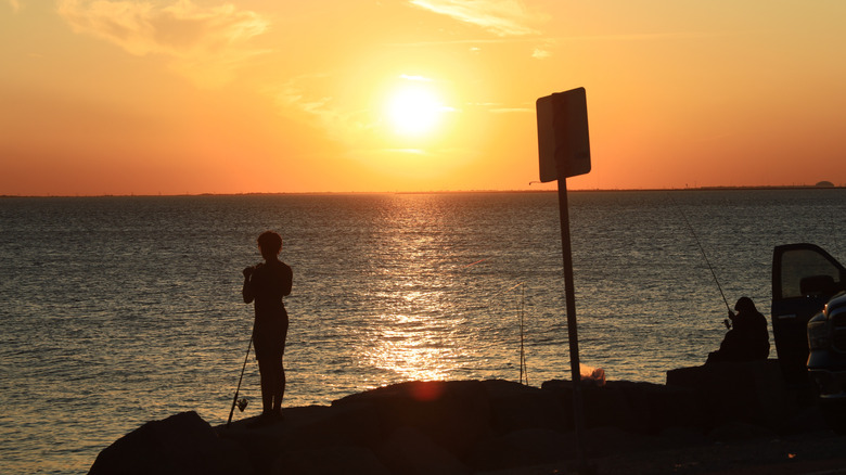 Silhouette of a person holding a fishing rod during sunset over the water in Texas