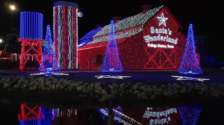 Christmas lights covering the barn at Santa's Wonderland in College Station