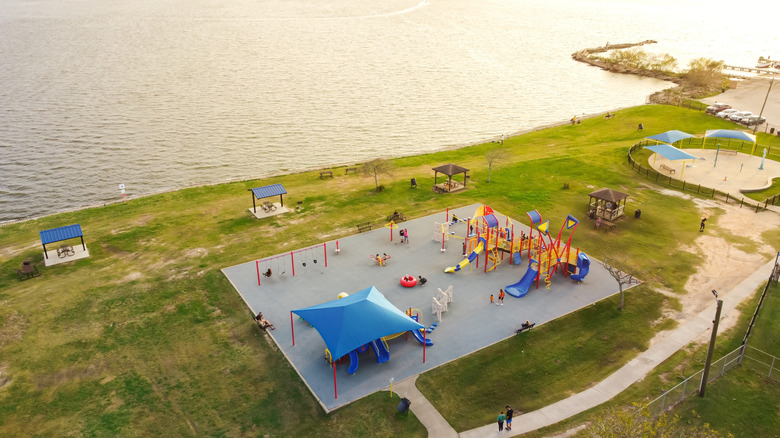 A view of Clear Lake Park's waterside play areas in Seabrook