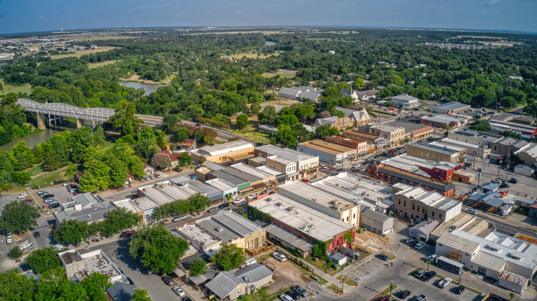 Downtown Bastrop aerial shot over Main Street