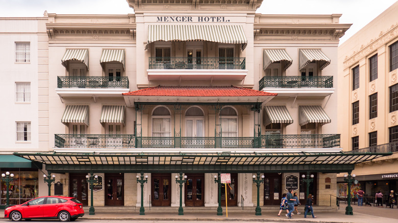 Facade of the Menger Hotel with wrought-iron balconies in San Antonio