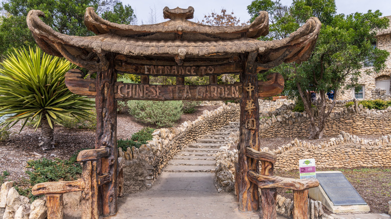 The cement Torii Gate, made to mimic wood, which serves as the entrance to the Japanese Tea Garden