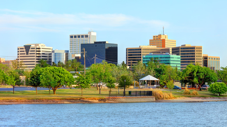 Skyline of Midland buildings near the water on sunny day