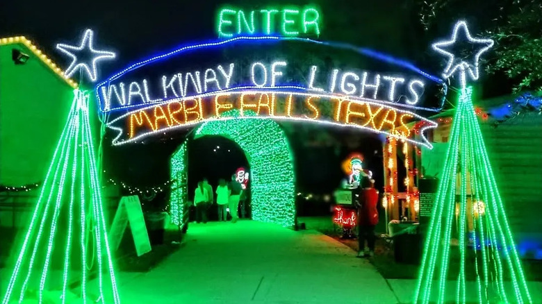 Bright entrance to the Walkway of Lights in Marble Falls, Texas