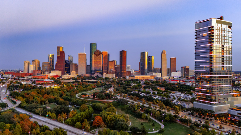 drone shot of Houston skyline with buildings and roads