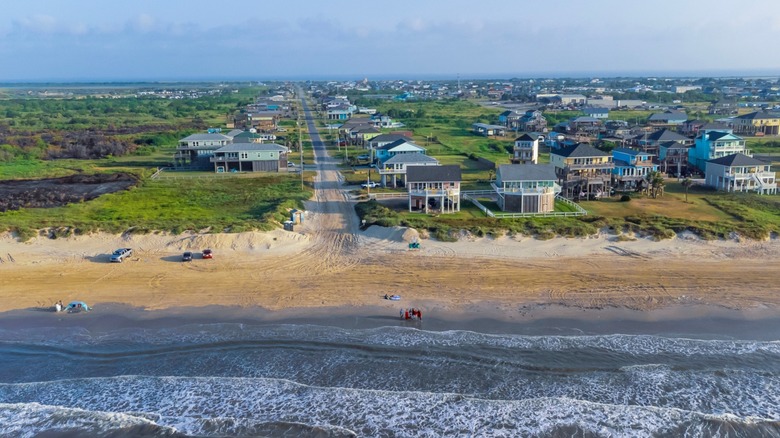 Aerial view of shore and town at Crystal Beach in Texas