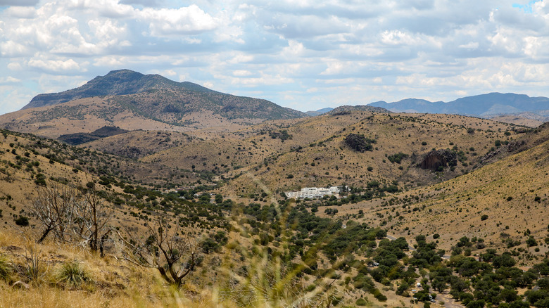 Shrub-covered hills of Davis Mountains State Park on cloudy day