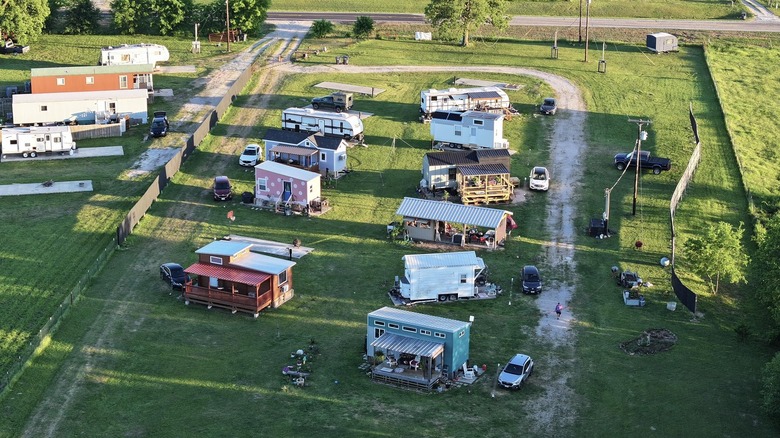 Aerial view of the tiny homes that make up The Bird's Nest, an intentional all-women community in Texas
