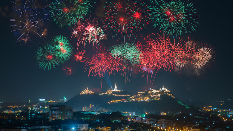 Evening fireworks around Khao Wang at the Phra Nakhon Khiri Festival in Phetchaburi, Thailand