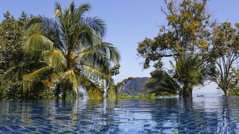 Infinity pool overlooking lush Thai bay
