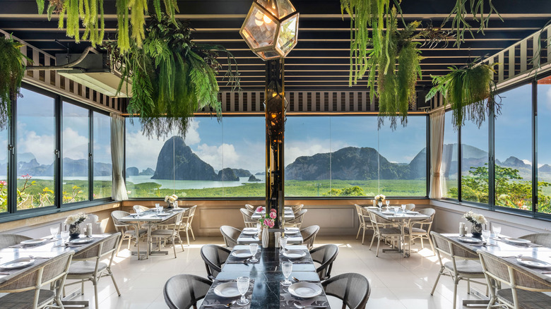 View of Phang Nga Bay from inside Dalar Restaurant at Sametnangshe Boutique hotel in Phang Nga, southern Thailand, during the day