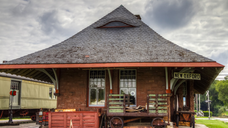 Old brick railroad station in New Oxford, Pennsylvania
