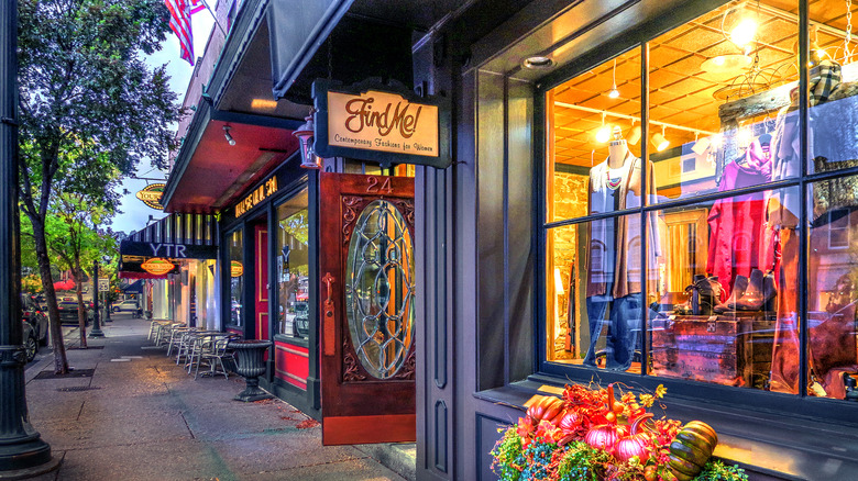 Sidewalk view of Main Street with shops in the historic village of Chagrin Falls, Ohio