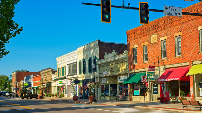 A view along North Main Street with shops, cafes, and businesses.