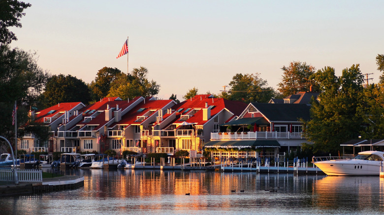 Sunrise illuminates the buildings along the Vermilion River in Vermilion Ohio.
