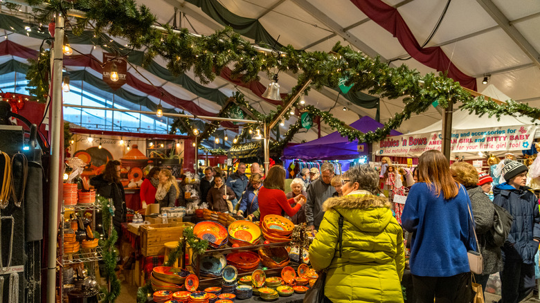 Shoppers under the tent at the Christkindlmarket in Bethlehem, Pennsylvania