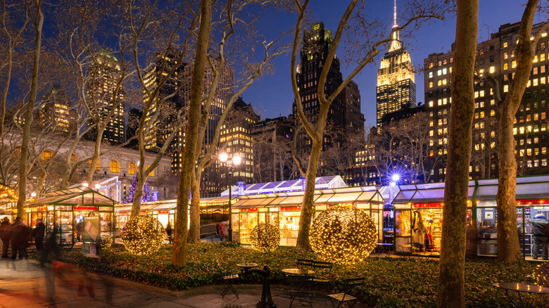 Festive shops in the Winter Village in Bryant Park, NYC