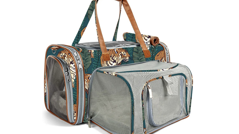 Special edition Mr. Peanut's Gold Series Expandable Carrier with tiger print motif and side pocket expanded on white background