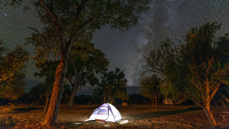 An illuminated tent at night in a campground in Big Bend National Park, Texas