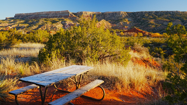 A picnic table at a campsite in Palo Duro Canyon State Park near Amarillo, Texas