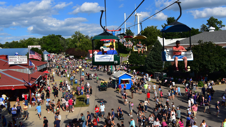 Chairlifts and crowds below at the Iowa State Fair, Des Moines