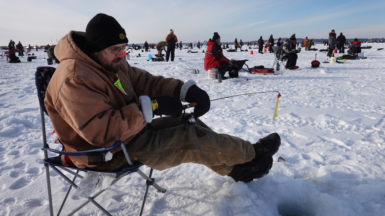 Fishermen compete in the Brainerd Jaycees Ice Fishing Extravaganza in Brainerd, Minnesota