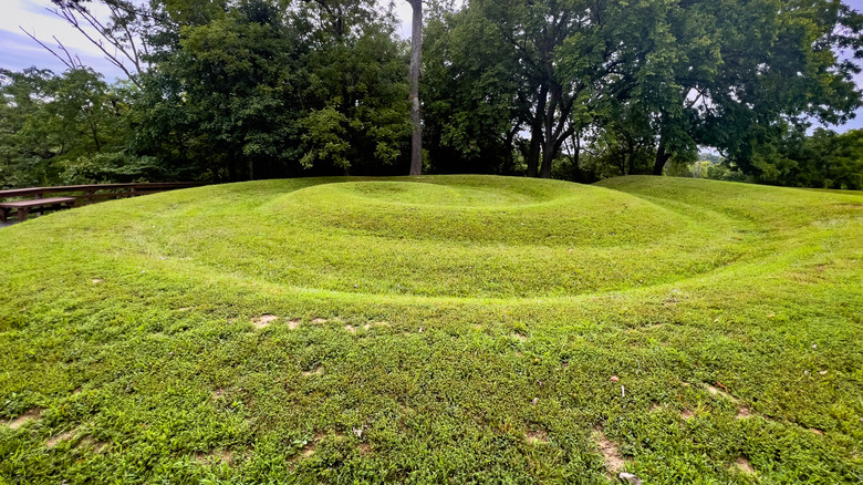 Side view closeup of the coiled tail of the snake at Serpent Mound in Ohio