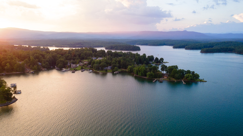 Aerial view of a summer sunset over a peninsula on Lake James, North Carolina