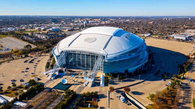 Aerial view of the Dallas Cowboys' AT&T Stadium in Arlington, Texas on a sunny day