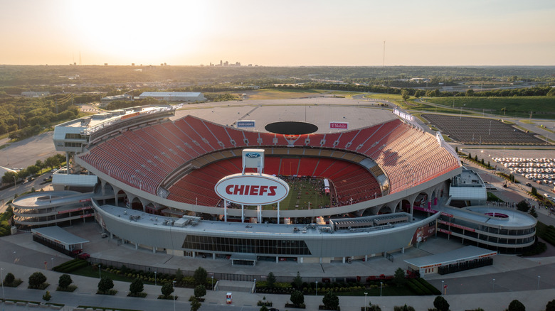 Aerial view of the Kansas City Chiefs' GEHA Field at Arrowhead Stadium at sunset