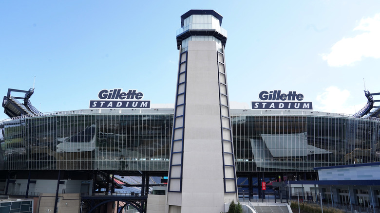 Exterior view of lighthouse architectural detail on Gillette Stadium, home of the New England Patriots in Foxborough, Massachusetts