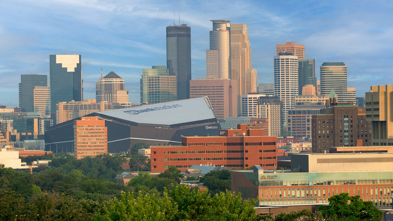 View of U.S. Bank Arena prominently featured in the Minneapolis, Minnesota skyline