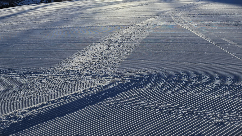 aAfreshly groomed ski run at Solitude Ski Resort, Utah.
