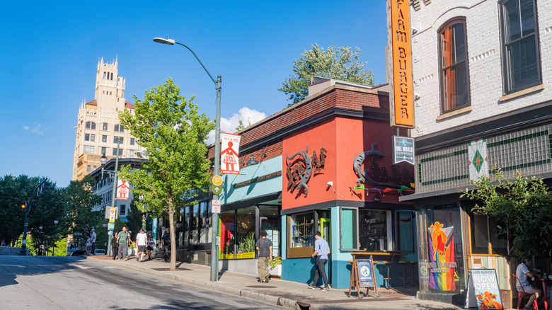 Sunlit buildings along a downtown street in Asheville, North Carolina