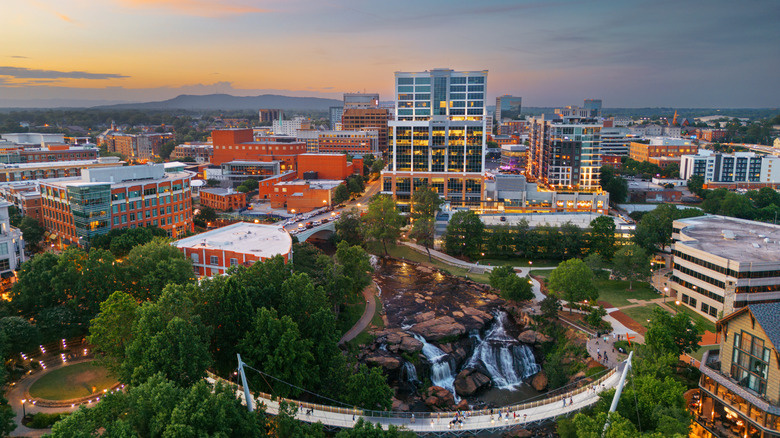 Greenville, South Carolina at Falls Park on Reedy Creek at dusk
