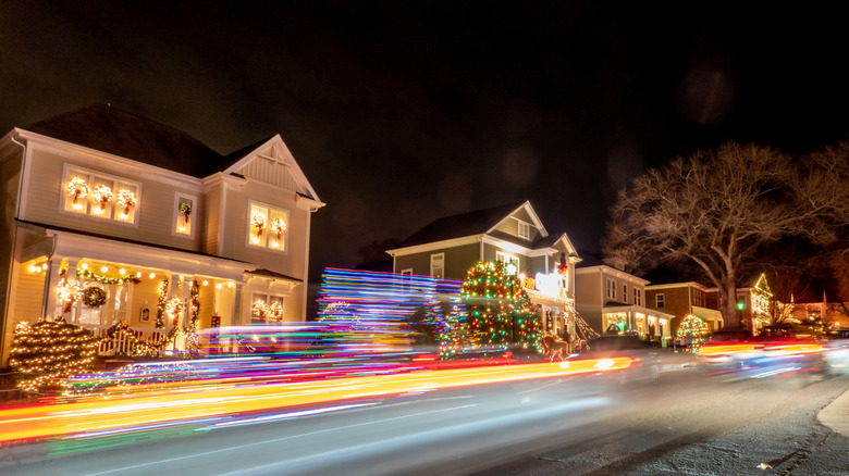 Christmas decorations along residential town street