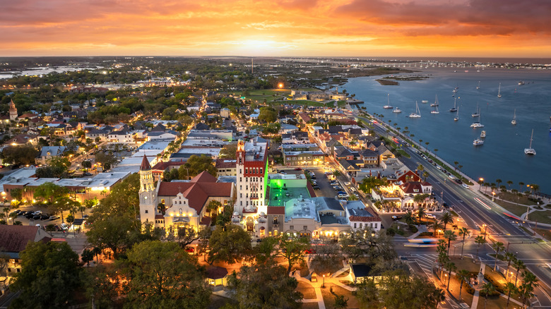 Historical American city architecture. St. Augustine, old city in Florida state at night. Streets and buildings from above.