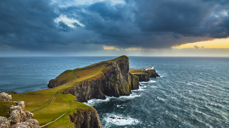 The Neist Point Lighthouse on a stormy day on the Isle of Skye in Scotland