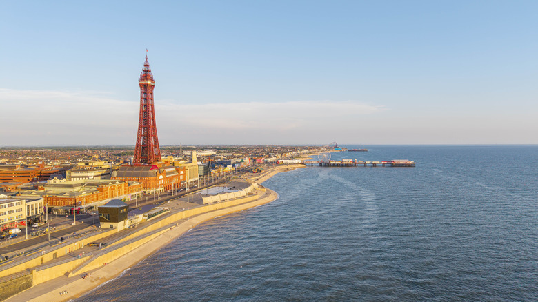 Blackpool Central Pier and Blackpool Tower at Sunset, Blackpool, Lancashire, UK