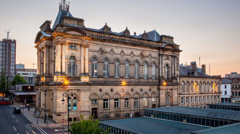 The historic concert hall in the market town of Huddersfield in West Yorkshire, UK
